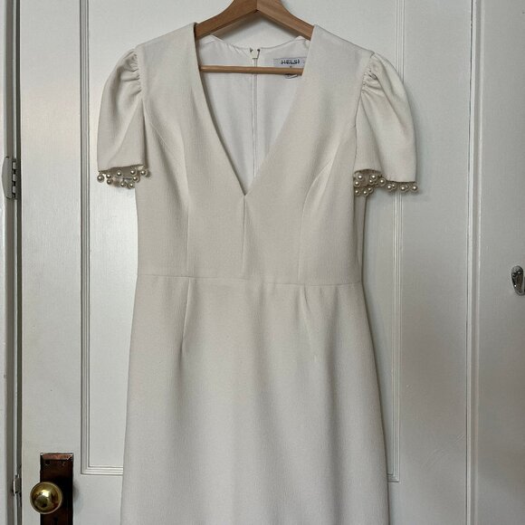 Helsi Estelle Pearl-Trim V-Neck Cap-Sleeve Stretch Crepe Mini Dress - Picture 5 of 7